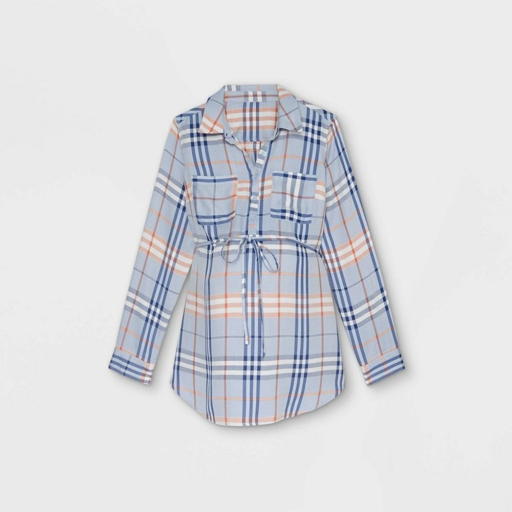 Rolled Tab Long Sleeve Collared Woven Popover Maternity Shirt